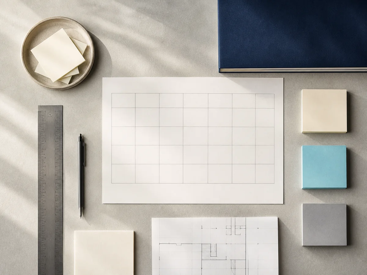 Editorial arrangement of a calendar, notes and tools used to define project scope.
